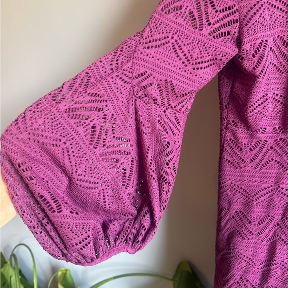 Maeve Anthropologie Purple Crochet Balloon Sleeve Boho Beach Festival Dress Sz M - Picture 5 of 10